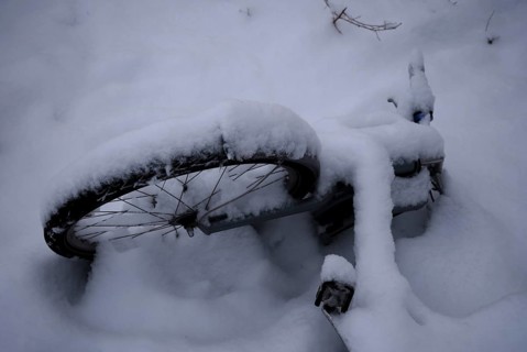 Germany, Berlin, 14.02.2025, Mauerpark, snow-covered bicycle, Europe