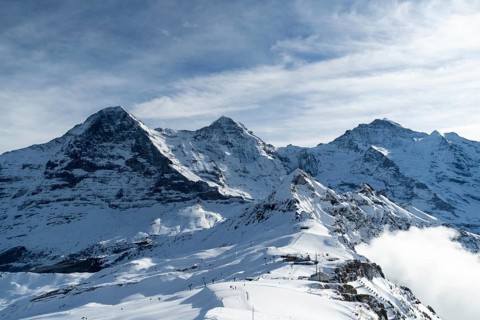 Eiger North Face, Monch and Jungfrau Mountains in Winter. Swiss Alps. Switzerland. Mannlichen Top