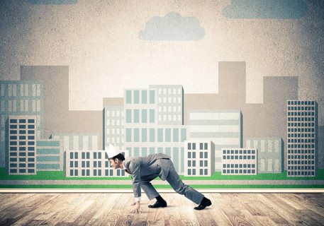King businessman in elegant suit running and cityscape silhouette at background