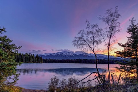 Beautiful autumn landscape scene in mountain in background in Jasper National Park west Canada