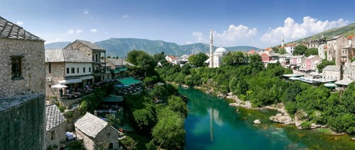 The city of Mostar on the banks of the Neretva River with the Koski Mehmed Pasha Mosque