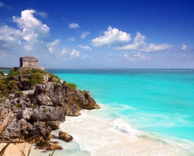 Ancient Mayan ruins Tulum Caribbean turquoise sea direct high view