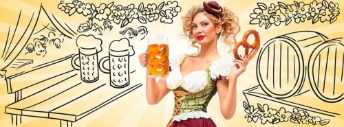 Beautiful sexy Oktoberfest waitress wearing a traditional Bavarian dirndl dress holding a pretzel