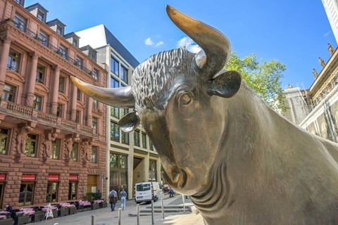 Bull, bronze sculpture Bull and Bear, Deutsche Börse, Börsenplatz, Frankfurt am Main, Hesse,