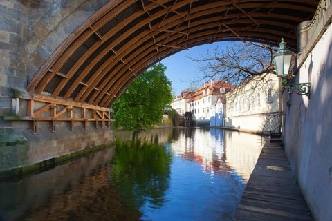 Kampa Island, also known as Venice of Prague, in the Mala Strana, the old houses are reflected in
