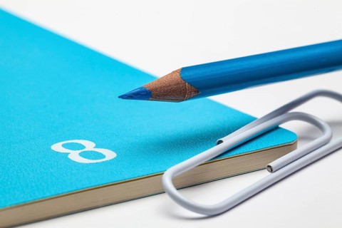 Organizer for the month of August, blue pencil and white paperclip on the white table