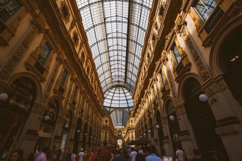Milan, Italy July 15, 2017: Glass dome of Galleria Vittorio Emanuele in Milan, Italy, Milano,