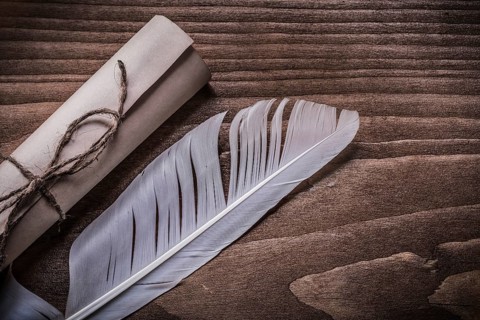 Rolled up vintage paper plume on wooden board horizontal view