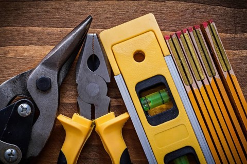 Pliers steel cutter construction level wooden meter top view image