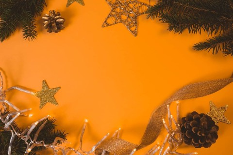 Top view of Christmas decoration, place for greetings, border design