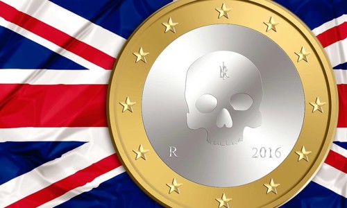 UK flag and an euro coin with skeleton inside. Financial concept for leave and exit from europe,