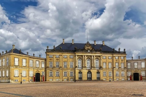 Amalienborg is the winter home of the Danish royal family, and is located in Copenhagen, Denmark,