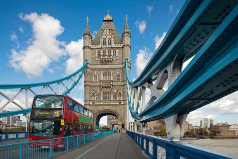 The famous Tower Bridge in London, UK. Sunny day. Photograph taken with the tilt-shift lens,