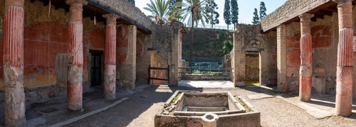 HERCULANEUM, ITALY, MAY 05, 2022, Panoramic view of the garden of the Casa dei Cervi in Herculaneum