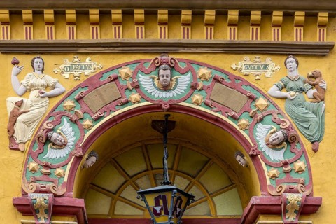 Detail of the coloured Renaissance entrance portal of the Alte Raths-Apotheke from 1598 in the