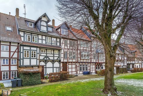 Street with decorative half-timbered houses in Lemgo city center, Germany, Europe