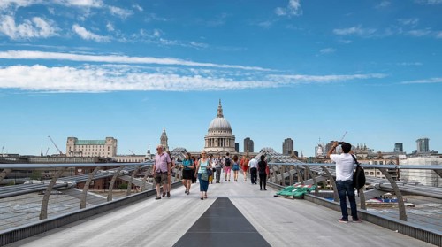 London, UK, July 5, 2019: People walking on the millennium bridge and Saint Paul Cathedral in