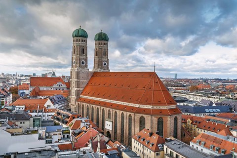 Frauenkirche (Cathedral of Our Dear Lady) is a church in Munich, Bavaria, Germany. Aerial view from
