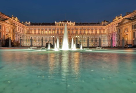 Royal Villa of Monza in the evening with a fountain