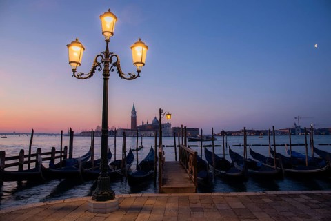 Dawn, Venetian gondolas with the church of San Giorgio Maggiore in the background, Venice, UNESCO