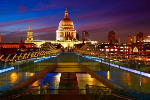 London St Paul Pauls cathedral from Millennium bridge on Thames UK