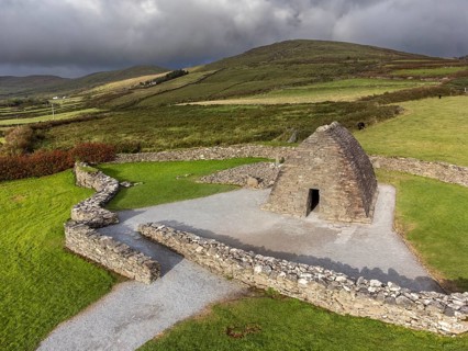 Gallarus Oratory aerial view (Séipéilín Ghallarais), early Christian church, Dingle Peninsula,