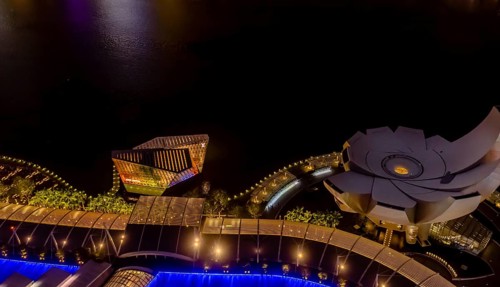 Singapore City, Singapore, January 23, 2019: Night aerial view of ArtScience Museum and Louis