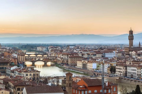 View of Florence with Ponte Vecchio on the sunset from Michelangelo hill, Italy, Europe