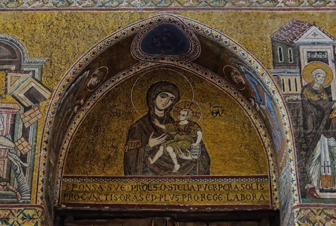 Madonna and Child mosaic on the west wall of the Cathedral, Monreale, Sicily, Italy, Europe