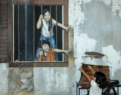 Murals with children, street art, George Town, Penang, Malaysia, Southeast Asia, Asia