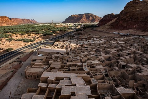 View of the palm oasis Al Ula, Kingdom of Saudi Arabia, from the fortress of the old town