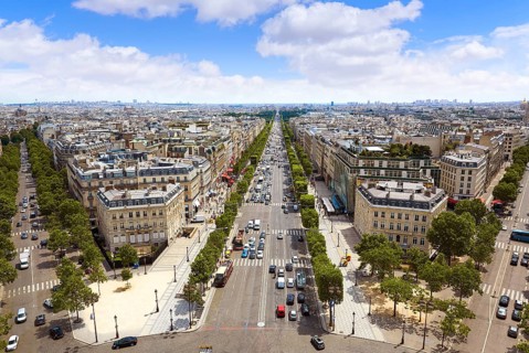 Paris skyline Champs Elysees and Concorde aerial view in France