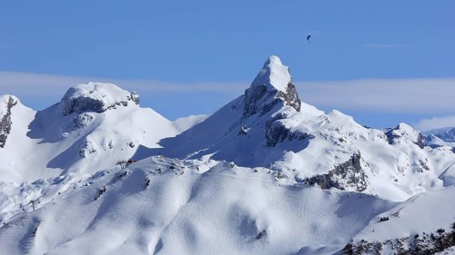 Snow covered mountains Chronenstock and Chaiserstock. View from Stoos