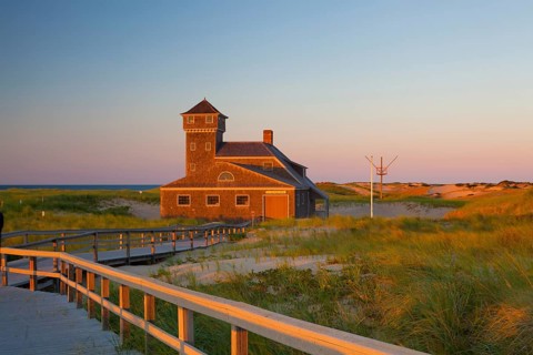 Beach house at Cape Cod at sunset, Massachusetts, USA, North America