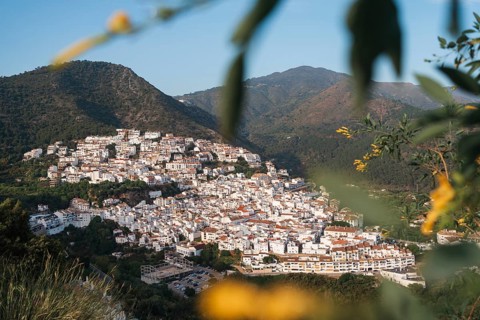 Warm evening light bathes the white village of Ojen, Spain, nestled in the lush mountains of