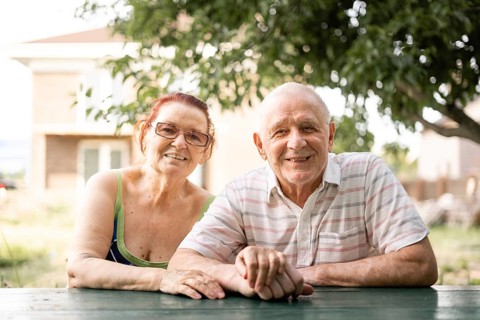 CAUCASIAN couple of silent generation in their 80s. Happy senior healthy man and woman.