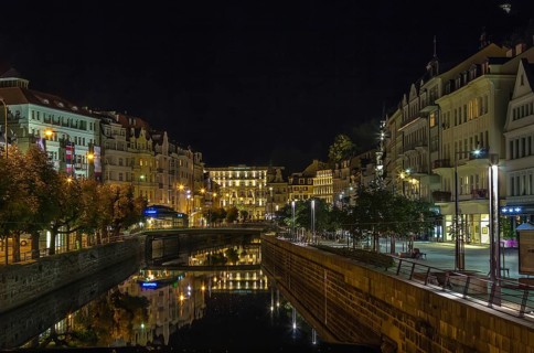 Embankment of Tepla river in the center of Karlovy Vary in evening, Czech republic
