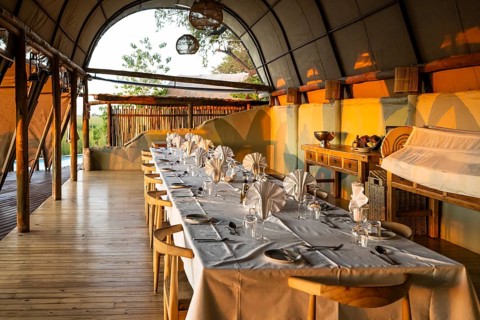 Set table in the restaurant, Okuti Camp, Moremi Game Reserve, Okavango Delta, Maun, Botswana,