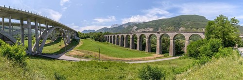 Crozet railway viaduct and Crozet motorway viaduct in Isère. France. A51 motorway. City of Vif