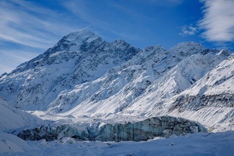 Mount Cook and Hooker Glacier, end of Hooker Valley Track, Mount Cook National Park, New Zealand,