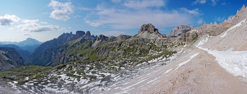 View of the Three Peaks and the Rienza Valley from the path to the Dreizinnenhütte, Sesto