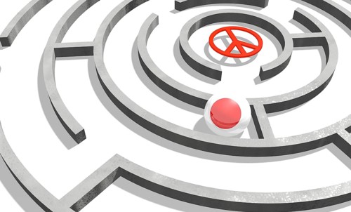 Image relative to politic situation in Japan. National flag textured sphere in labyrinth. 3d