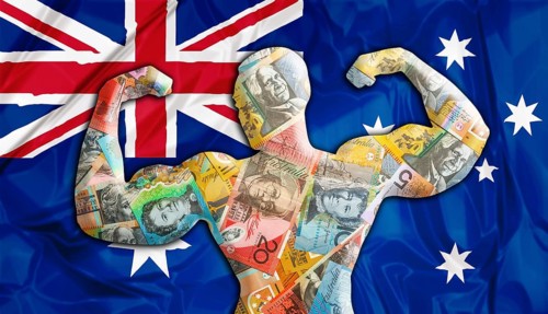 Abstract business background. Concept of powerful Australian Dollar. Australia Flag and bodybuilder