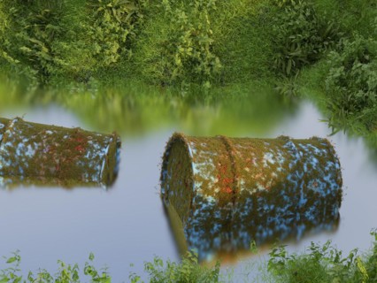 Two barrels of hazardous waste are rotting in the wild, conceptual 3d rendering