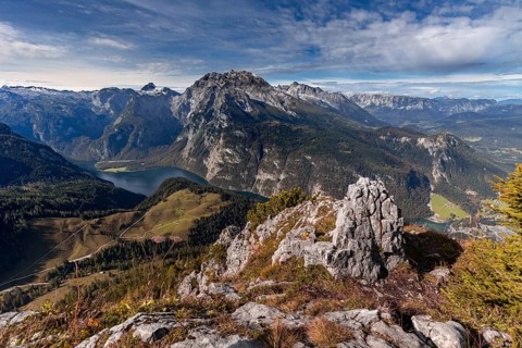 View on Königssee and Watzmann from the summit of Jenner in Berchtesgadener Land, Bavaria, Germany,