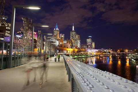 Melbourne skyline as seen at dusk from Queens Bridge near Southbank in Melbourne, Victoria,