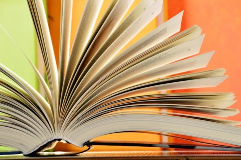 Composition with hardcover books in the library