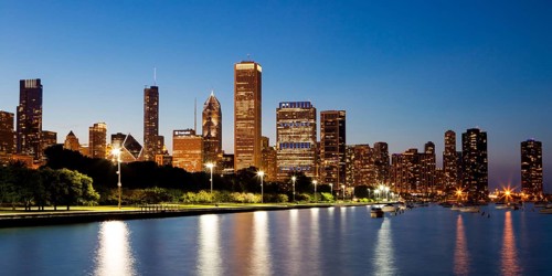 Chicago, USA, 12 July: The Chicago skyline just after sunset on a hot summer's day in Illinois,