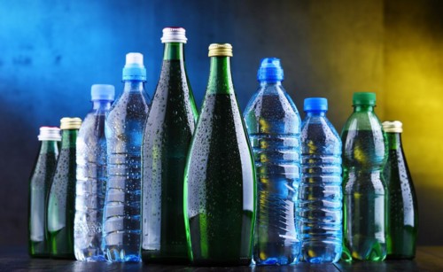 Composition with different sorts of bottles containing mineral water