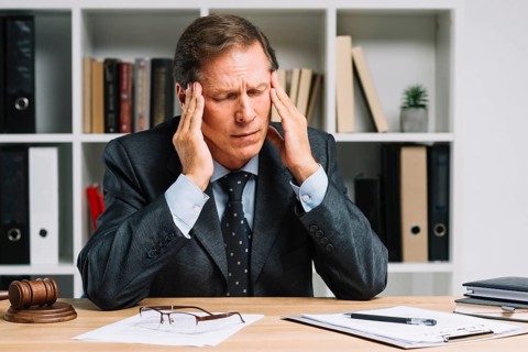 Mature lawyer with headache sitting courtroom